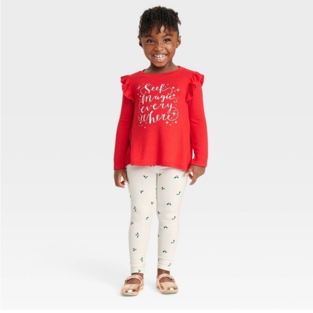 NWT Cat & Jack Christmas Toddler 2 Piece Outfit Girls Size 2T Red White P10